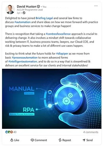 LinkedIn post by David Huston on joining Briefing Legal and intelligent automation